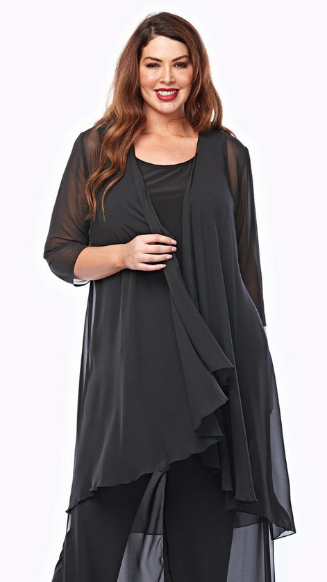A long chiffon jacket with 3/4 sleeves worn over a black dress, in black color.