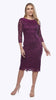 A woman in a purple stretch sequin lace dress with a chiffon shawl cascading down the back, featuring a cowl neckline and three-quarter sleeves.