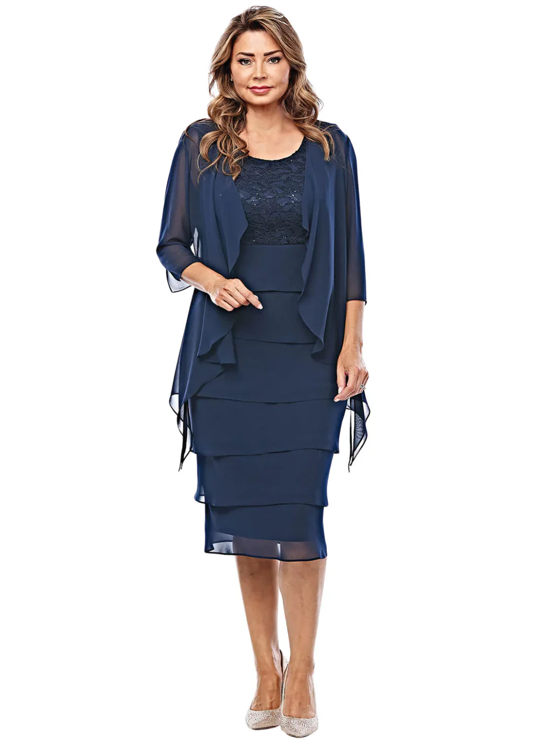 Two piece Knee Length Dress with Layered Skirt and Chiffon Jacket 496