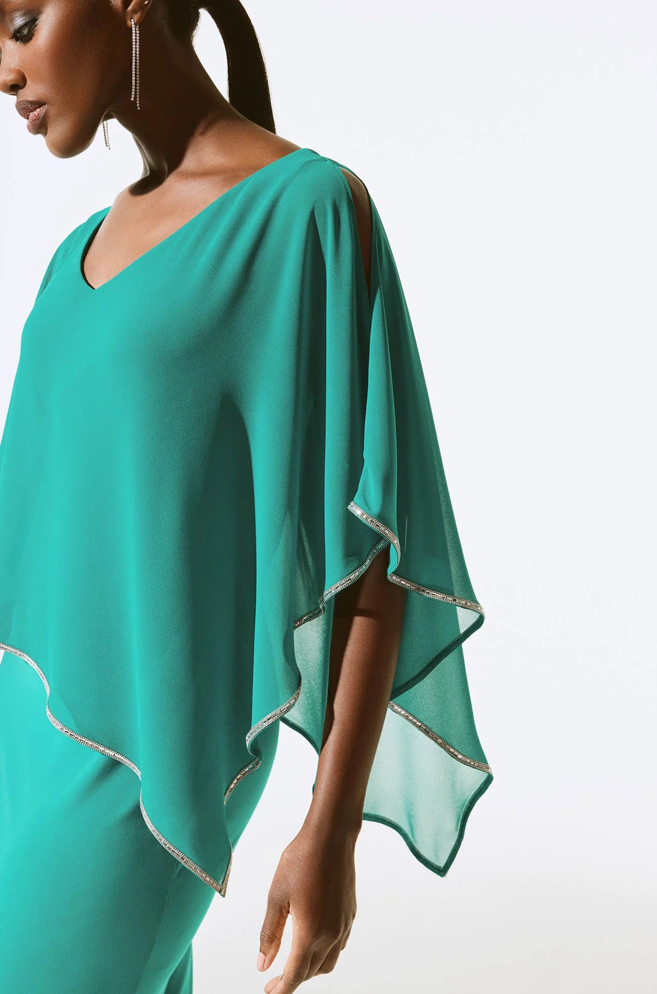 Mid Dress with Chiffon Poncho, Peek-a-Boo Cutouts and Diamante Trim