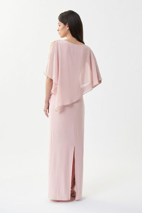 Silky Knit Chiffon Layered Gown with Cape