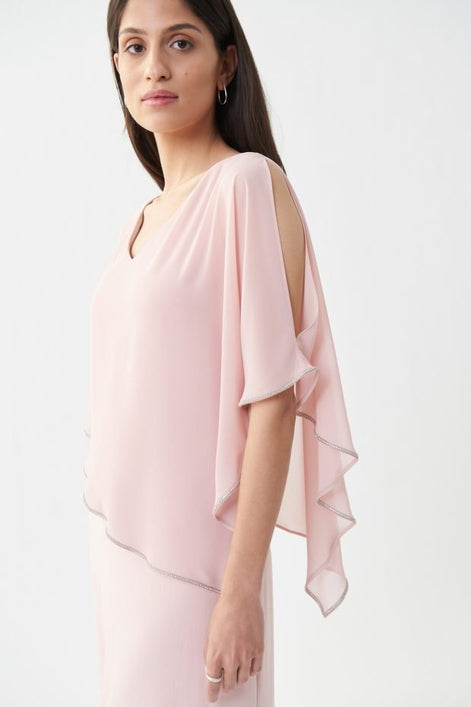 Silky Knit Chiffon Layered Gown with Cape