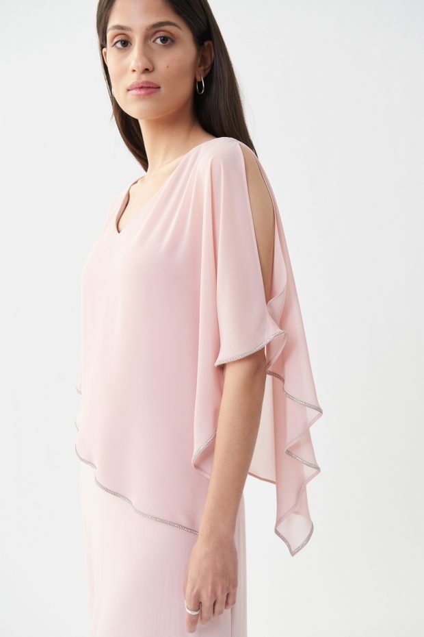 Silky Knit Chiffon Layered Gown with Cape