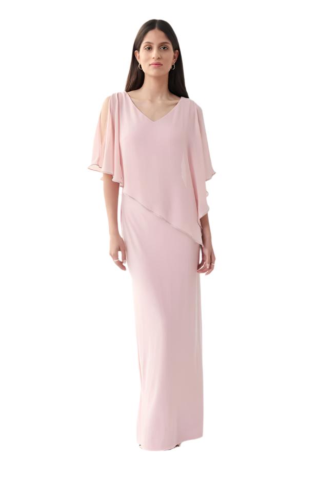 Silky Knit Chiffon Layered Gown with Cape