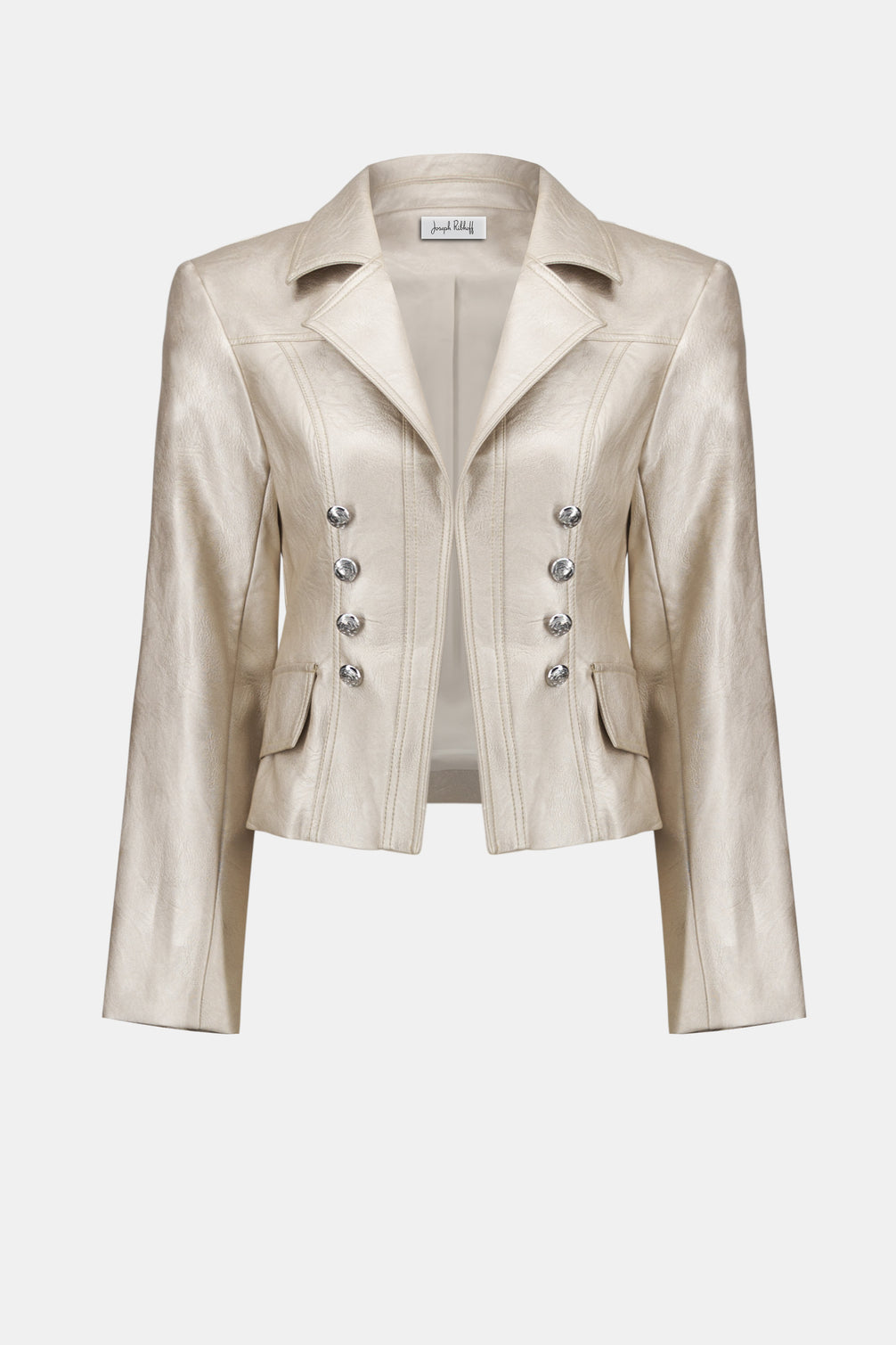Beige leather jacket with button details on a white background