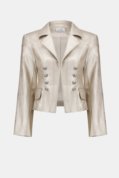 Beige leather jacket with button details on a white background