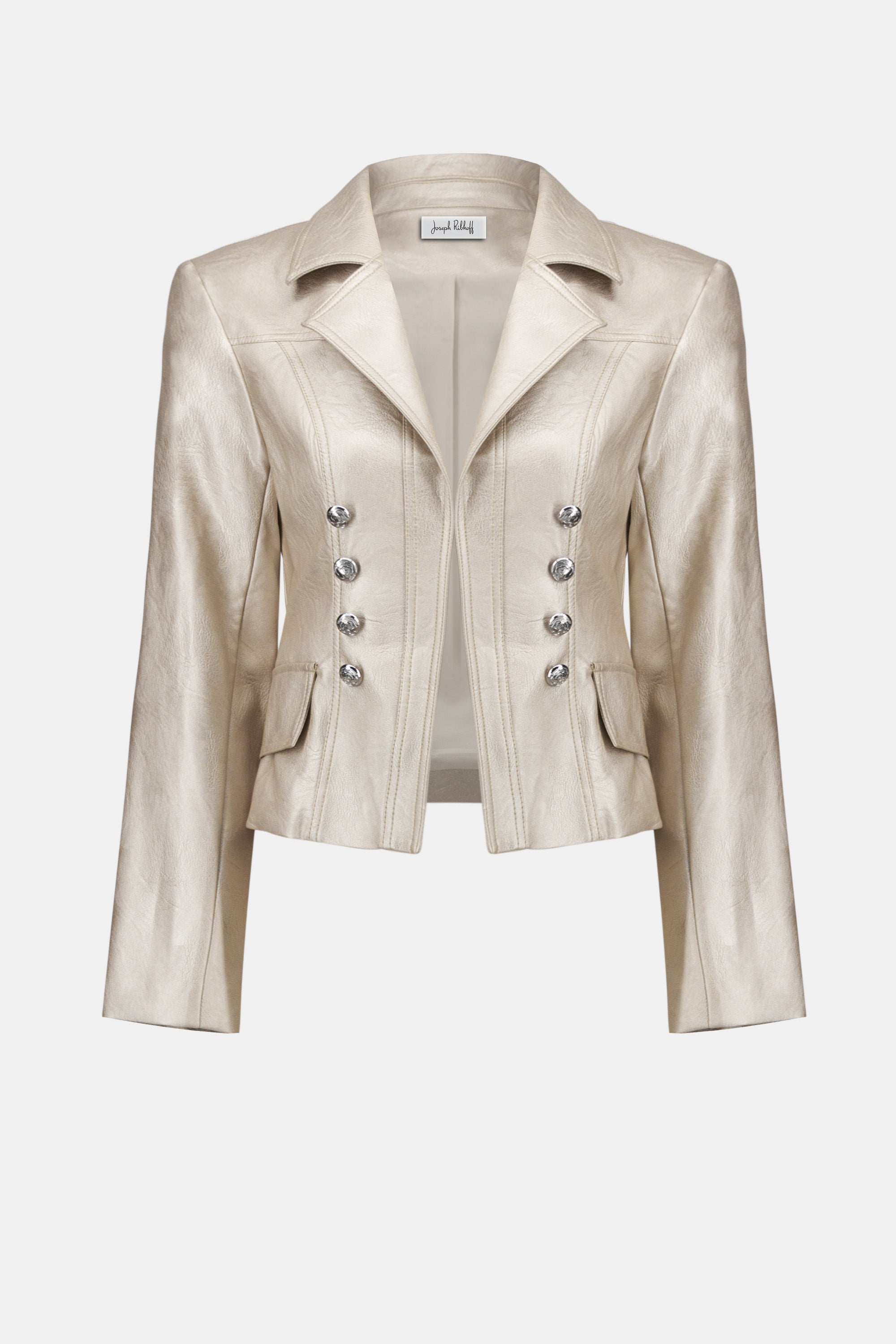 Beige leather jacket with button details on a white background
