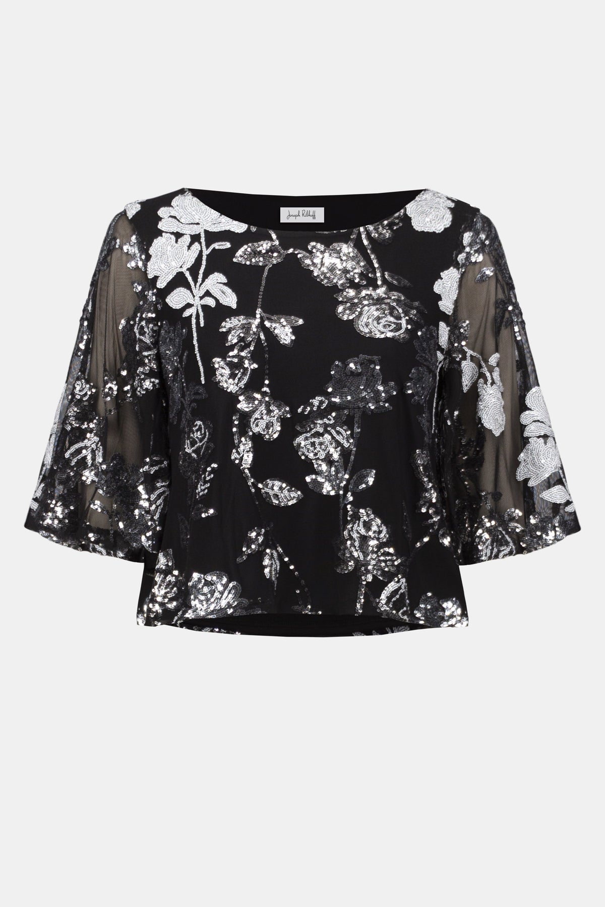 Black floral blouse with sheer sleeves on a white background