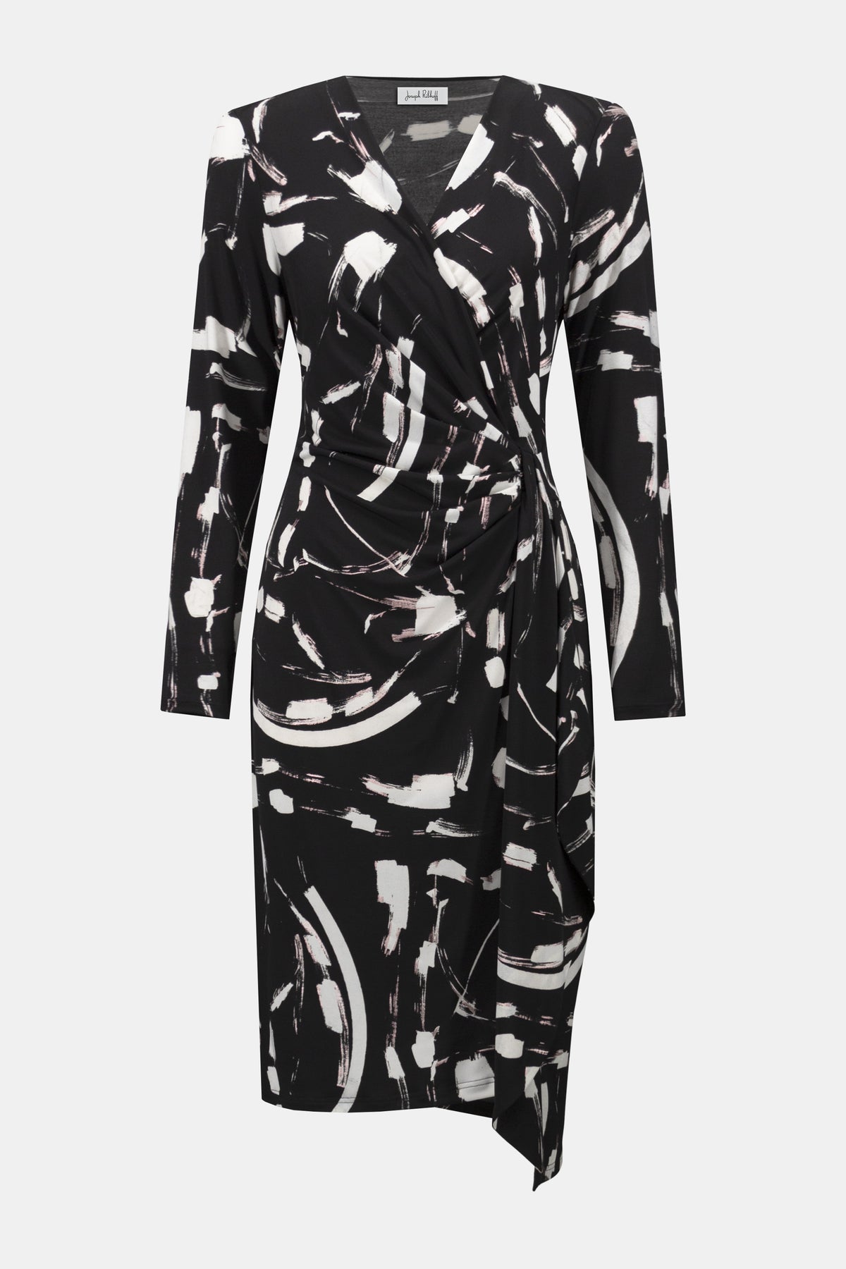 Black and white abstract patterned dress on a white background