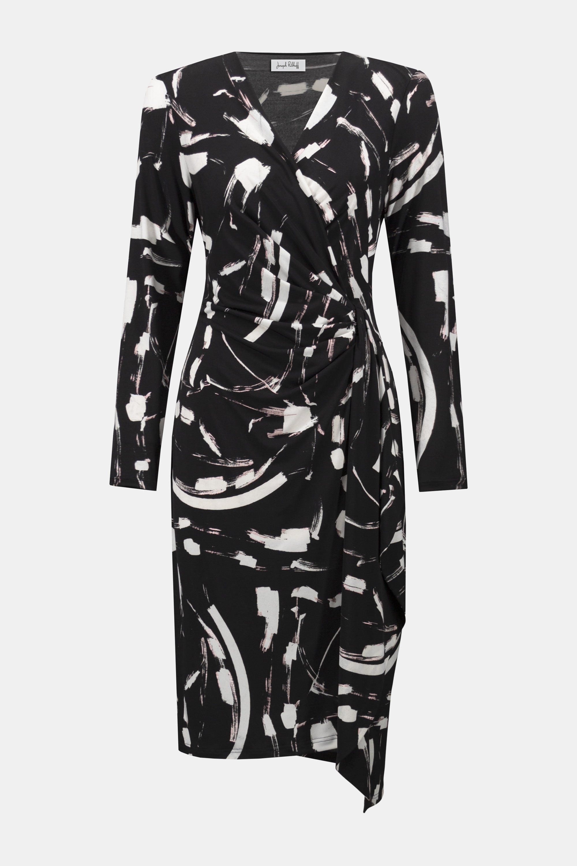Black and white abstract patterned dress on a white background