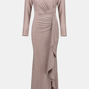 Mauve long-sleeve dress with a draped design on a white background
