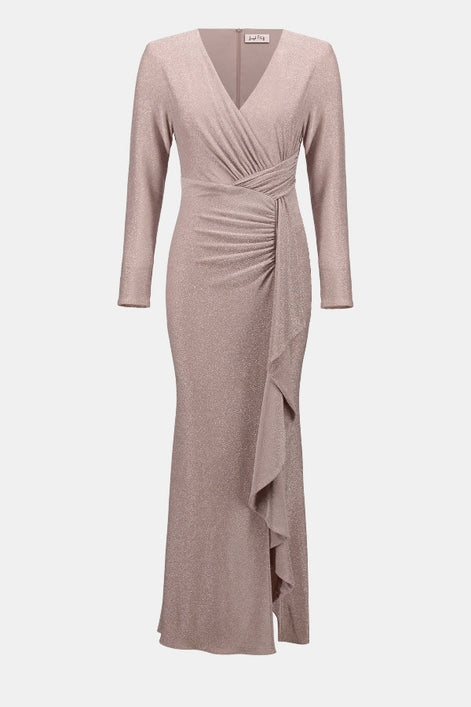 Mauve long-sleeve dress with a draped design on a white background