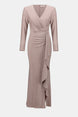 Mauve long-sleeve dress with a draped design on a white background