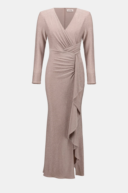Mauve long-sleeve dress with a draped design on a white background