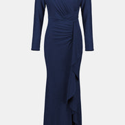 Navy blue dress with a V-neck and long sleeves on a white background