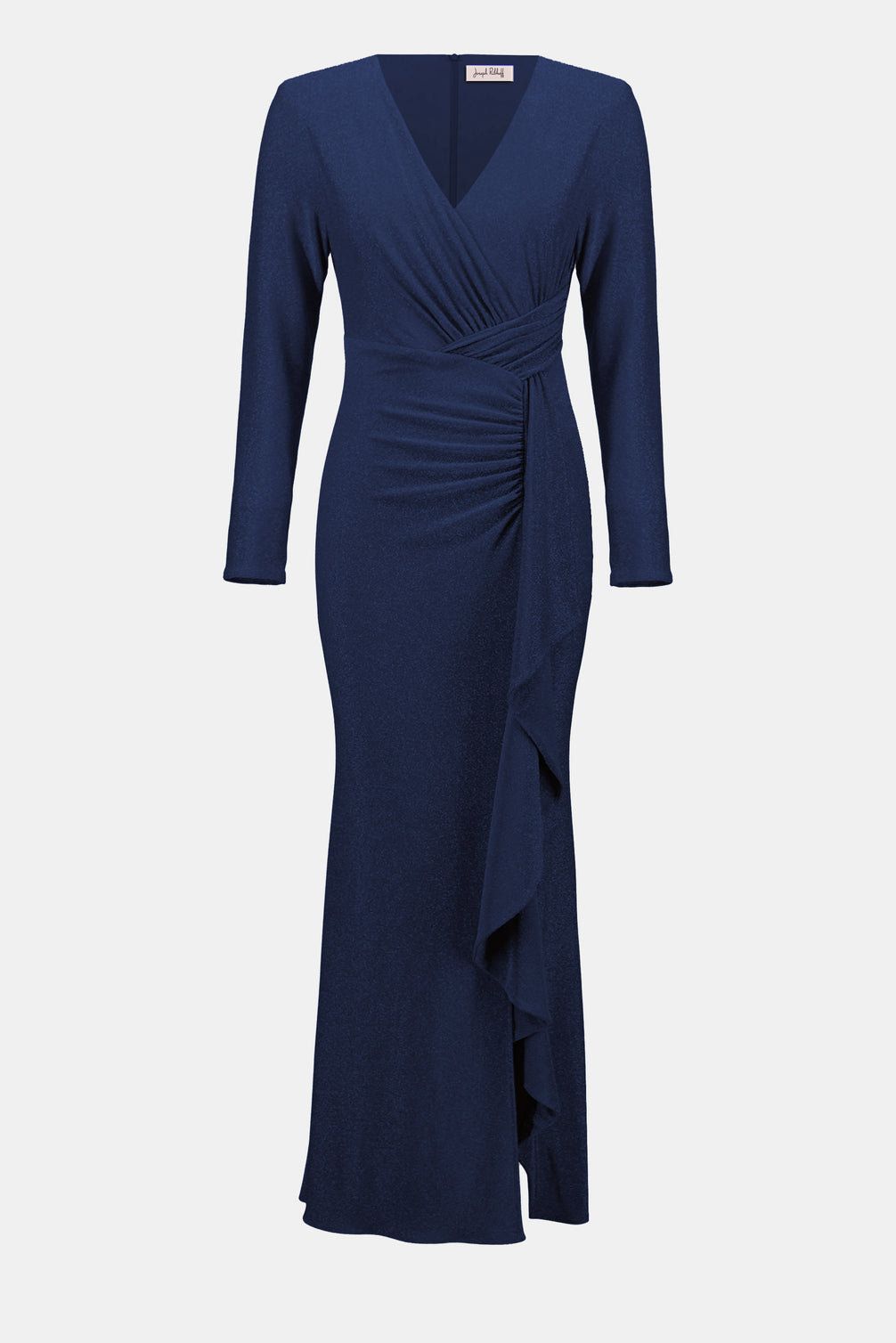 Navy blue dress with a V-neck and long sleeves on a white background