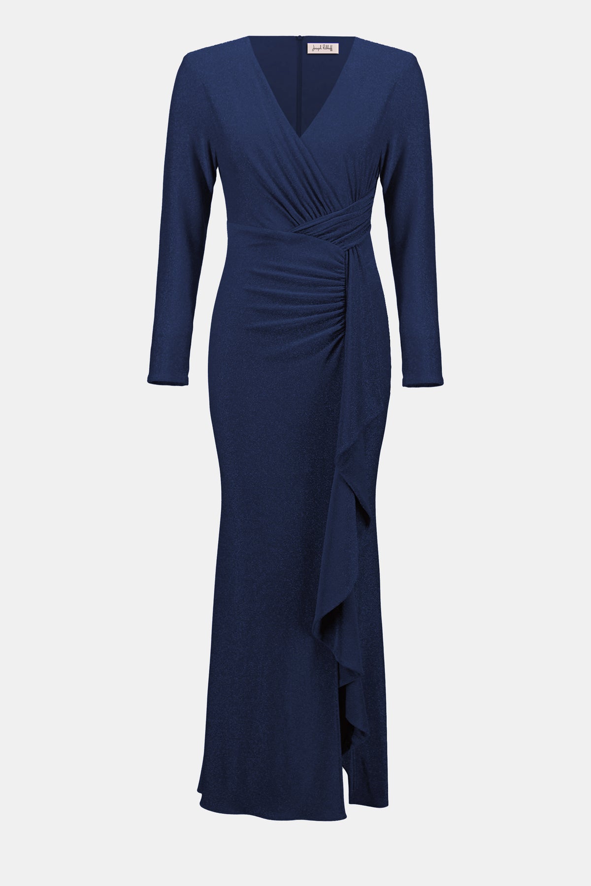 Navy blue dress with a V-neck and long sleeves on a white background