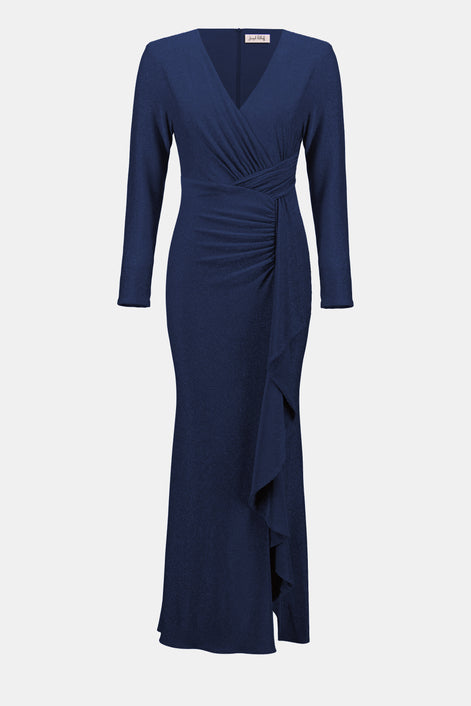 Navy blue dress with a V-neck and long sleeves on a white background