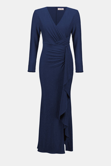 Navy blue dress with a V-neck and long sleeves on a white background