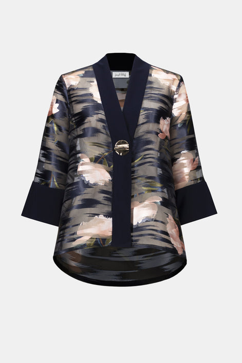Floral patterned jacket with a prominent button on a white background