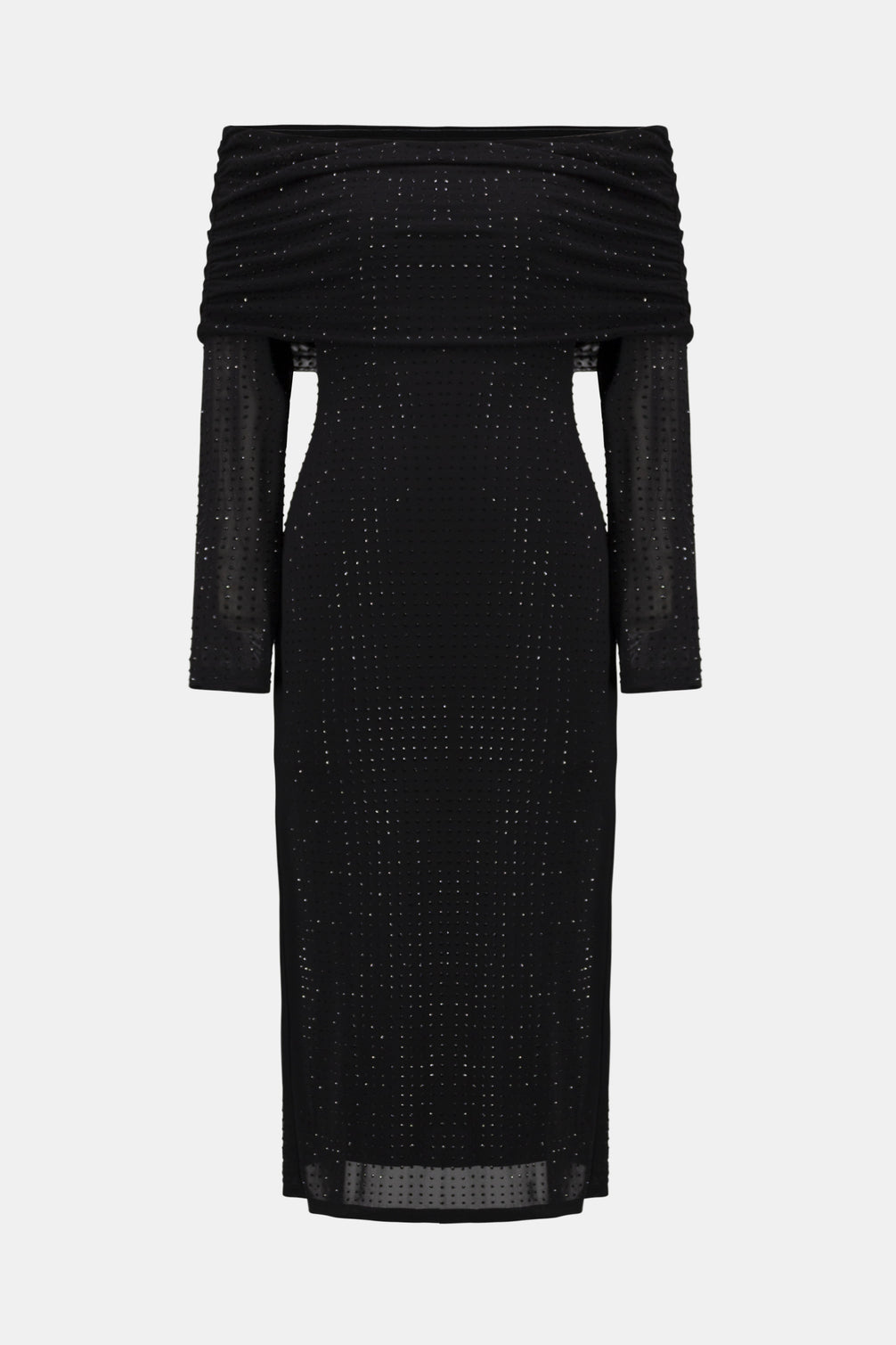 Black off-shoulder dress with ruched detail on a white background