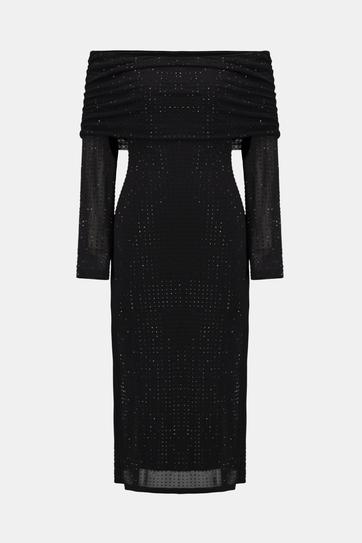 Black off-shoulder dress with ruched detail on a white background