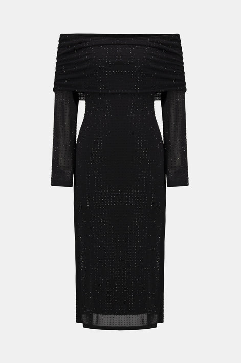 Black off-shoulder dress with ruched detail on a white background