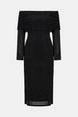Black off-shoulder dress with ruched detail on a white background
