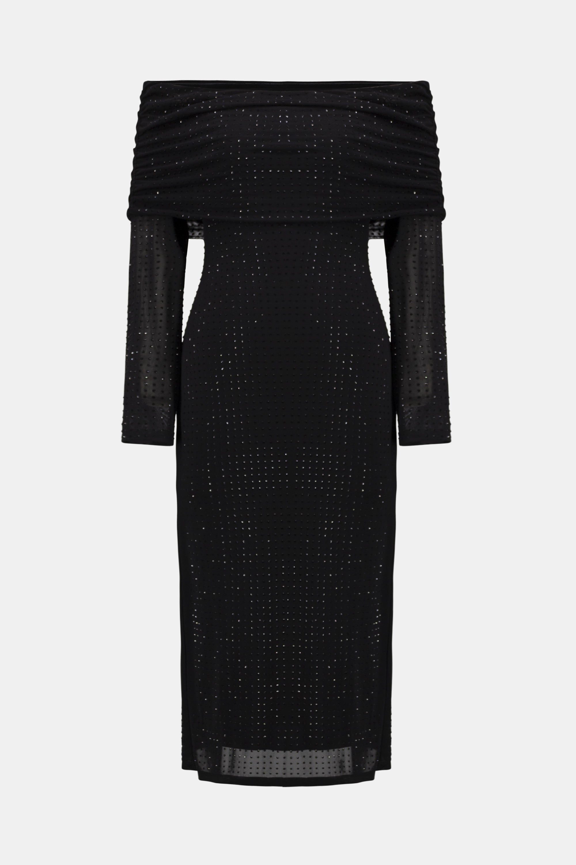 Black off-shoulder dress with ruched detail on a white background