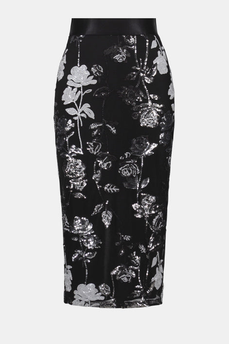 Black pencil skirt with floral sequin pattern on a white background