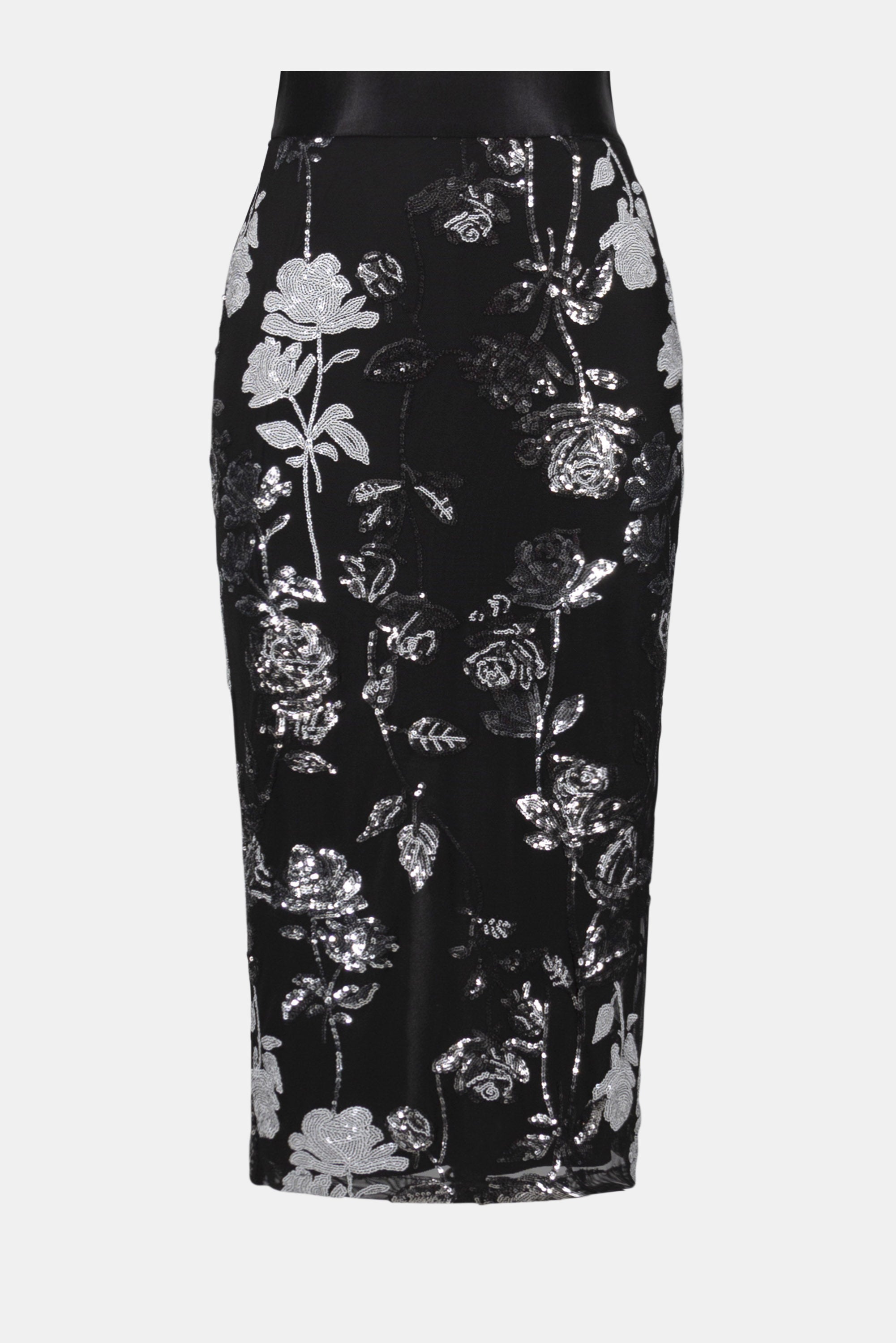 Black pencil skirt with floral sequin pattern on a white background