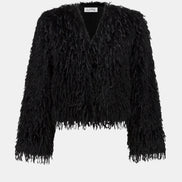 Black feathered jacket on a white background