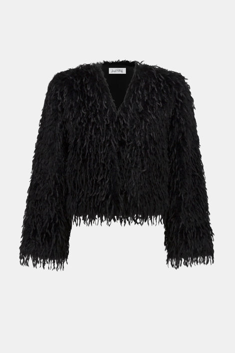 Black feathered jacket on a white background