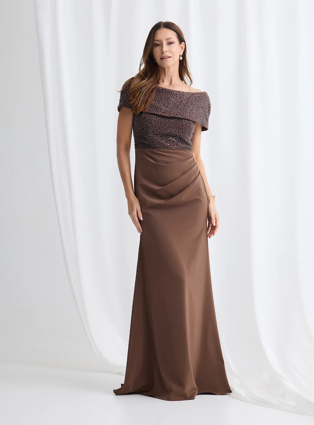 Full Length Gown with Off the Shoulder Overlay 615