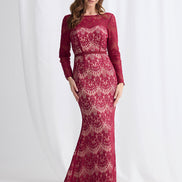 Long Sleeved Lace Dress With Sheer Neckline 831
