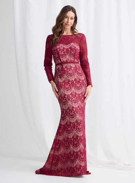 Long Sleeved Lace Dress With Sheer Neckline 831