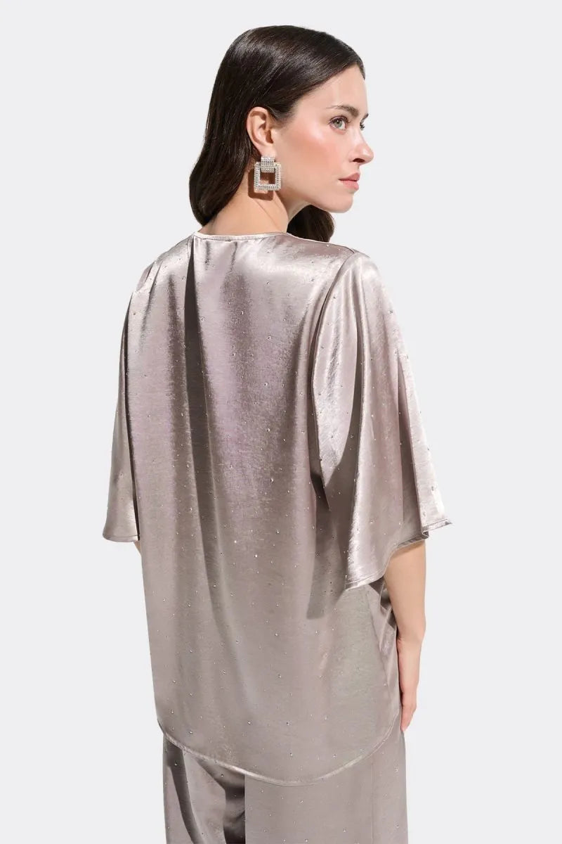 Satin Rhinestone Boxy Tunic With Flutter Sleeves 780