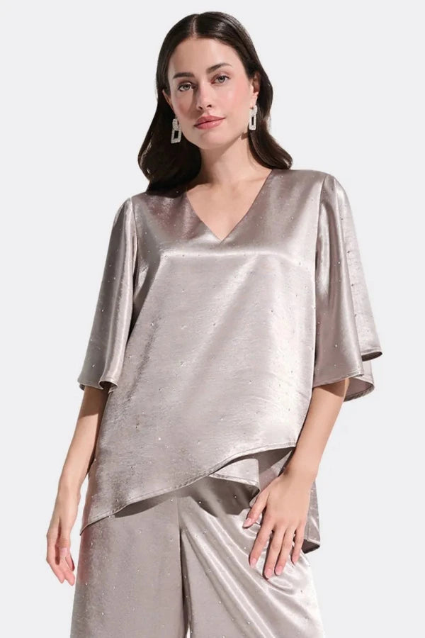 Satin Rhinestone Boxy Tunic With Flutter Sleeves 780