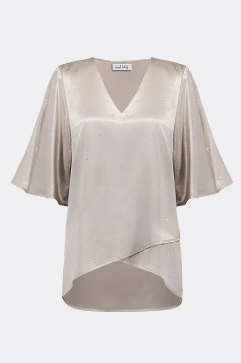 Satin Rhinestone Boxy Tunic With Flutter Sleeves 780
