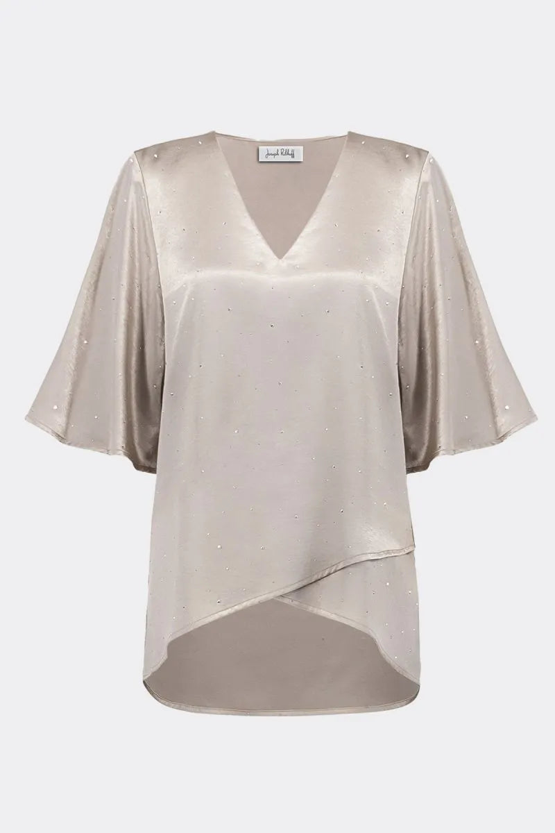 Satin Rhinestone Boxy Tunic With Flutter Sleeves 780