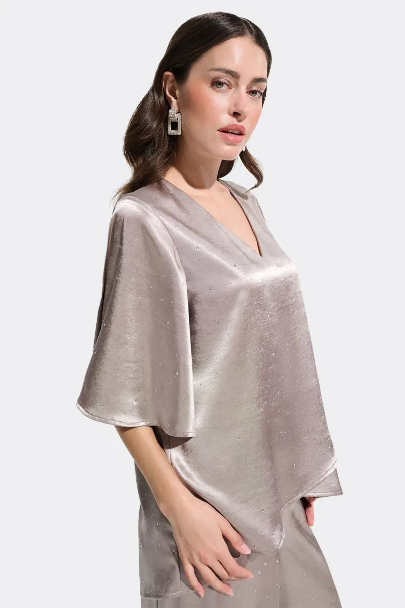 Satin Rhinestone Boxy Tunic With Flutter Sleeves 780