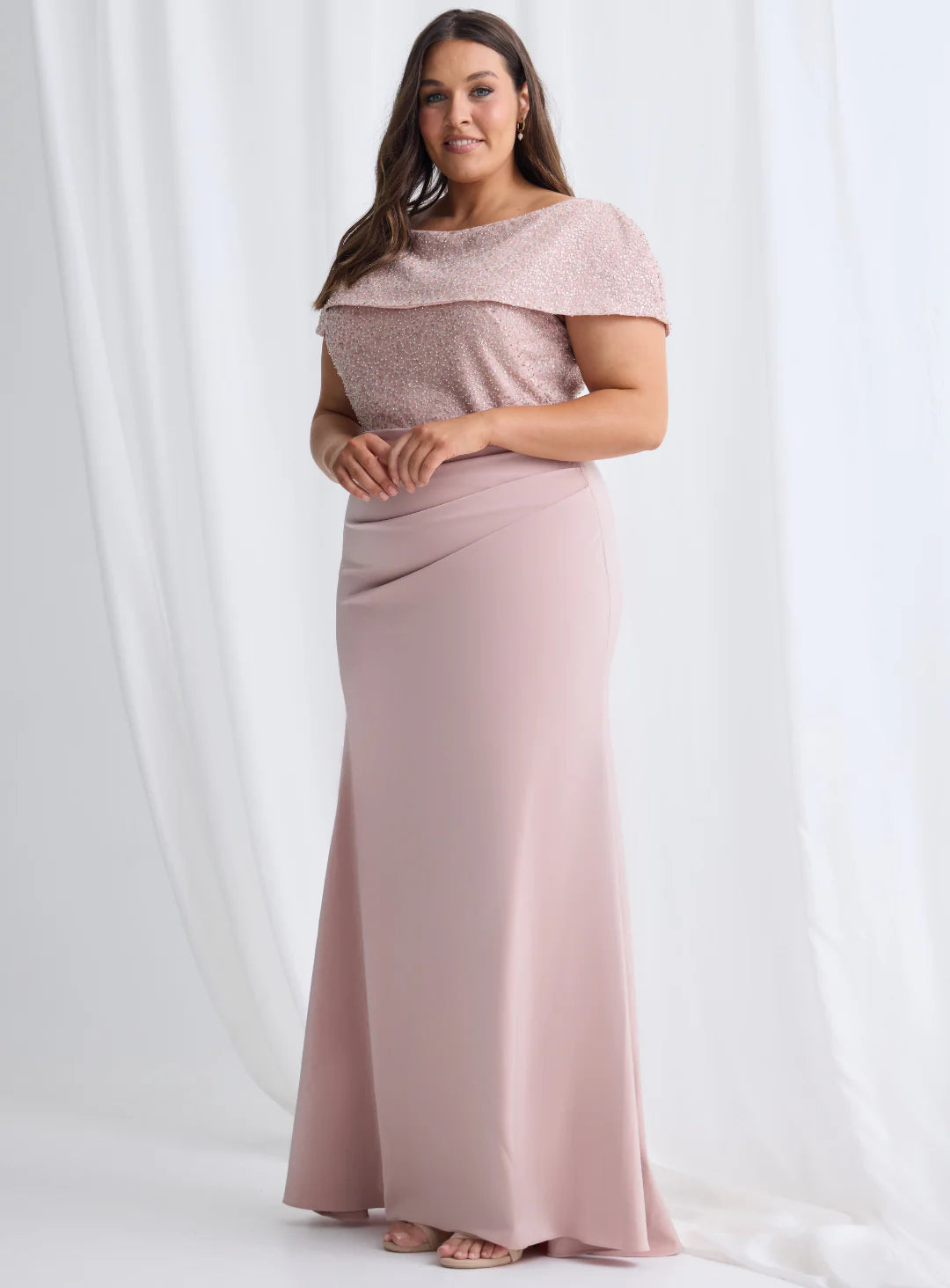 Full Length Gown with Off the Shoulder Overlay 615