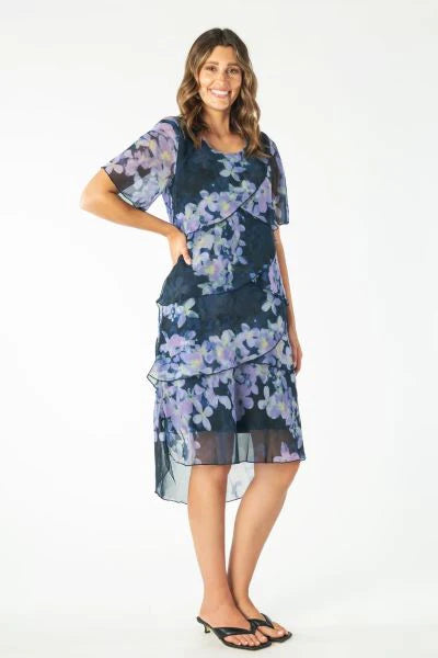 Abstract Floral Print Layered Chiffon Dress