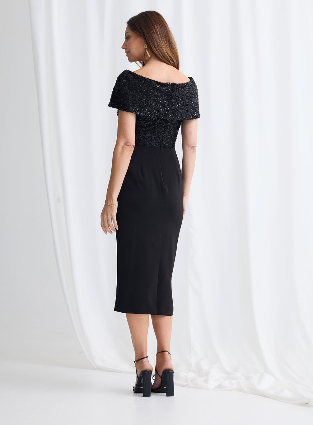 Off the Shoulder Beaded Mid-Length Dress 1586