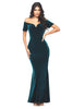 Woman wearing a teal off-shoulder evening gown on a white background