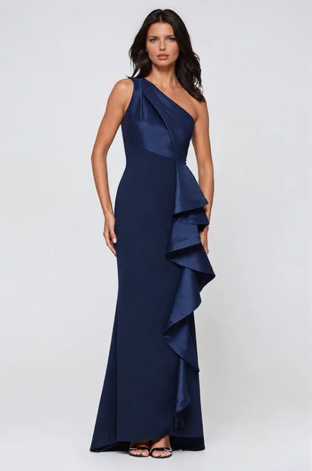 One Shoulder Navy Gown With Cascading Taffeta Ruffle 877