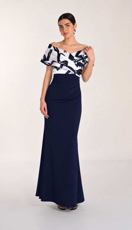 Long Off Shoulder Crepe Gown 824