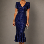Fit & Flare Sequin V-Neck Midi Dress with Cap Sleeves 1534