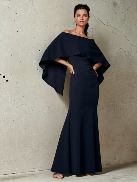 Long Navy Off Shoulder Gown 796