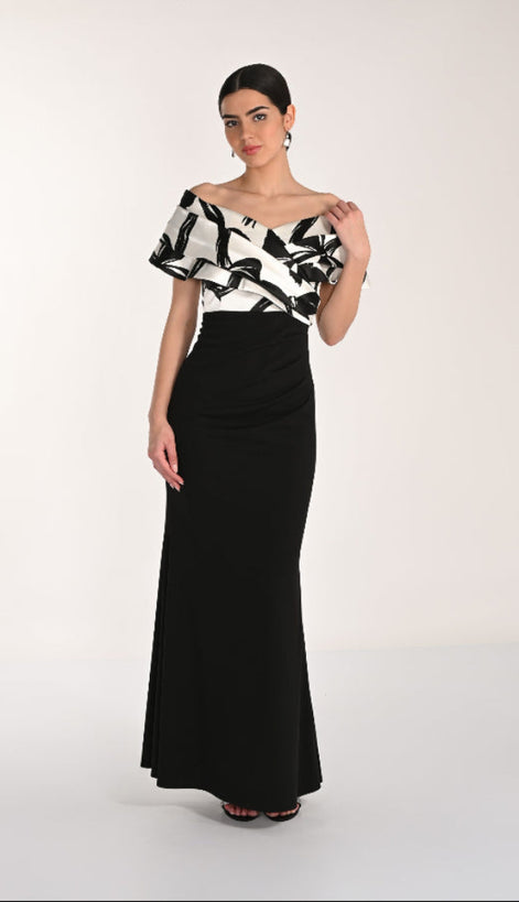 Long Off Shoulder Crepe Gown 824
